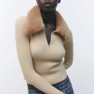 Zara Faux Fur Lapel Knit Sweater